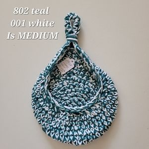 MEDIUM 802 TEAL 001 WHITE HANDMADE CROCHETED HANGING WALL BASKET